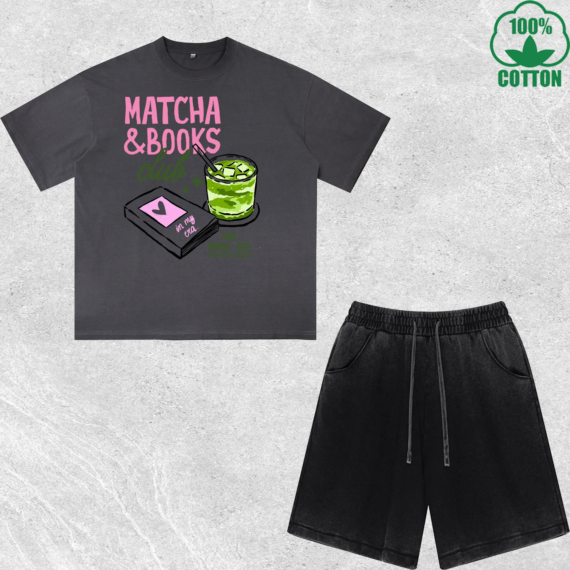 

Matcha Books Printed Dirty Wash T-Shirt Shorts Set Multicolor Combo Loose Trendy Fashionable 100%Cotton Short Value Pack