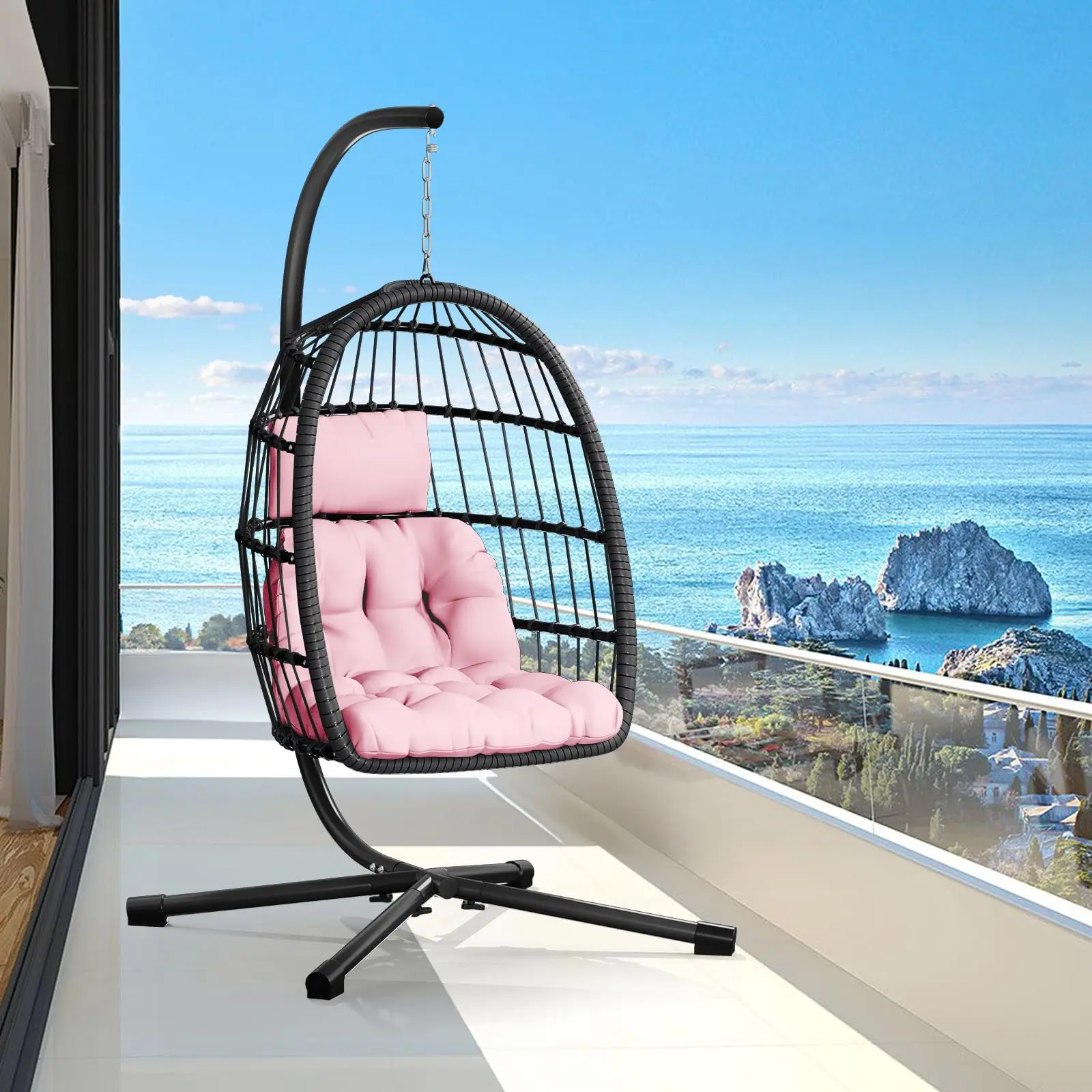 Egg Chair with Stand,Patio Rattan Wicker Hanging Swing Egg Chair Hammock Chair for Bedroom Porch Garden,Thickened