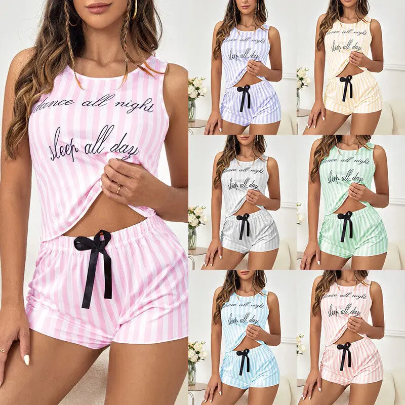 

Womens Pyjamas Cotton Vest Shorts 2 Pieces Set Sleepwear Underwear Nightwear Lingerie Pjs Suit Sexy Loungewear Female Summer New