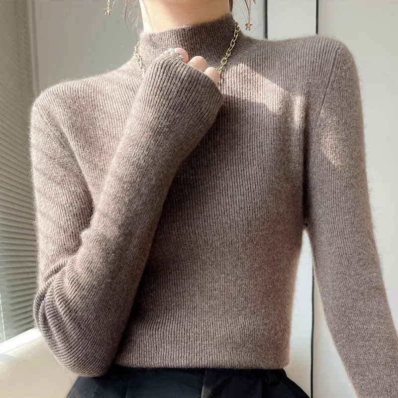 Zoki Autumn Winter Thick Knitted Sweater Women Fashion Korean Half Turtleneck Long Sleeve Sweater Harajuku All Match Warm Jumper