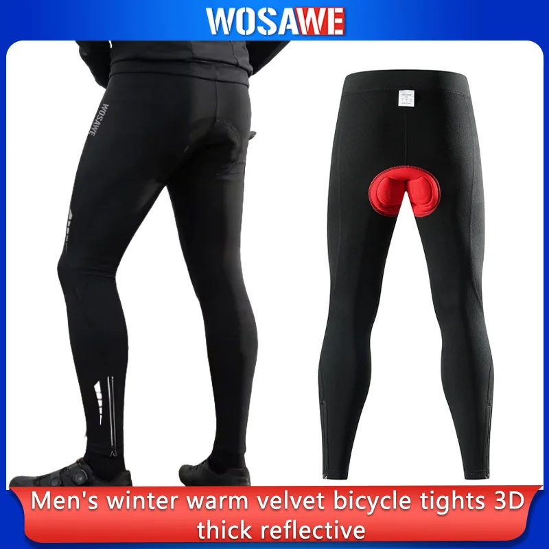WOSAWE  Men Winter Thermal Fleece Cycling Tights 3D Padded Reflective Warm Bike Pants Windproof MTB Road Cycling Trousers