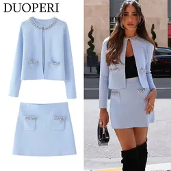 DUOPERI Women Fashion 2 Piece Set With Diamonds Knitted Sweater High Elastic Waist Mini Skirt Female Chic Lady Skirt Coordinates