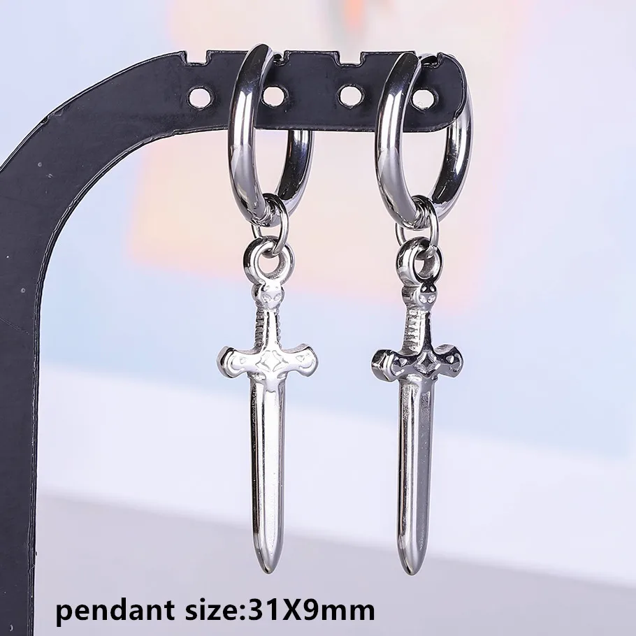 Stahlfarbener Engel-Stern-Kreuz-Schwert-Charm-Ohrring, kein Anlaufen, Ohrpiercing, Edelstahl-Ohrringe für Damen und Herren, Schmuck, Kolczyki – Detail 10