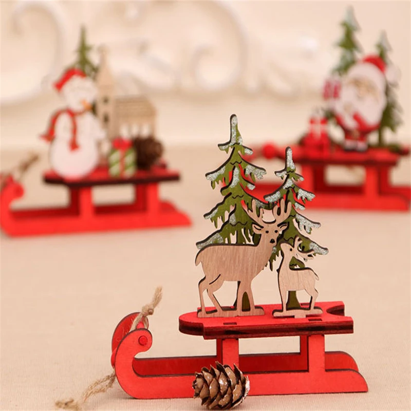 Wooden Sled Christmas Ornaments/XMAS Home Wood Decoration/Cartoon Old Man Snowman Elk Christmas Assembled Decor/DIY House