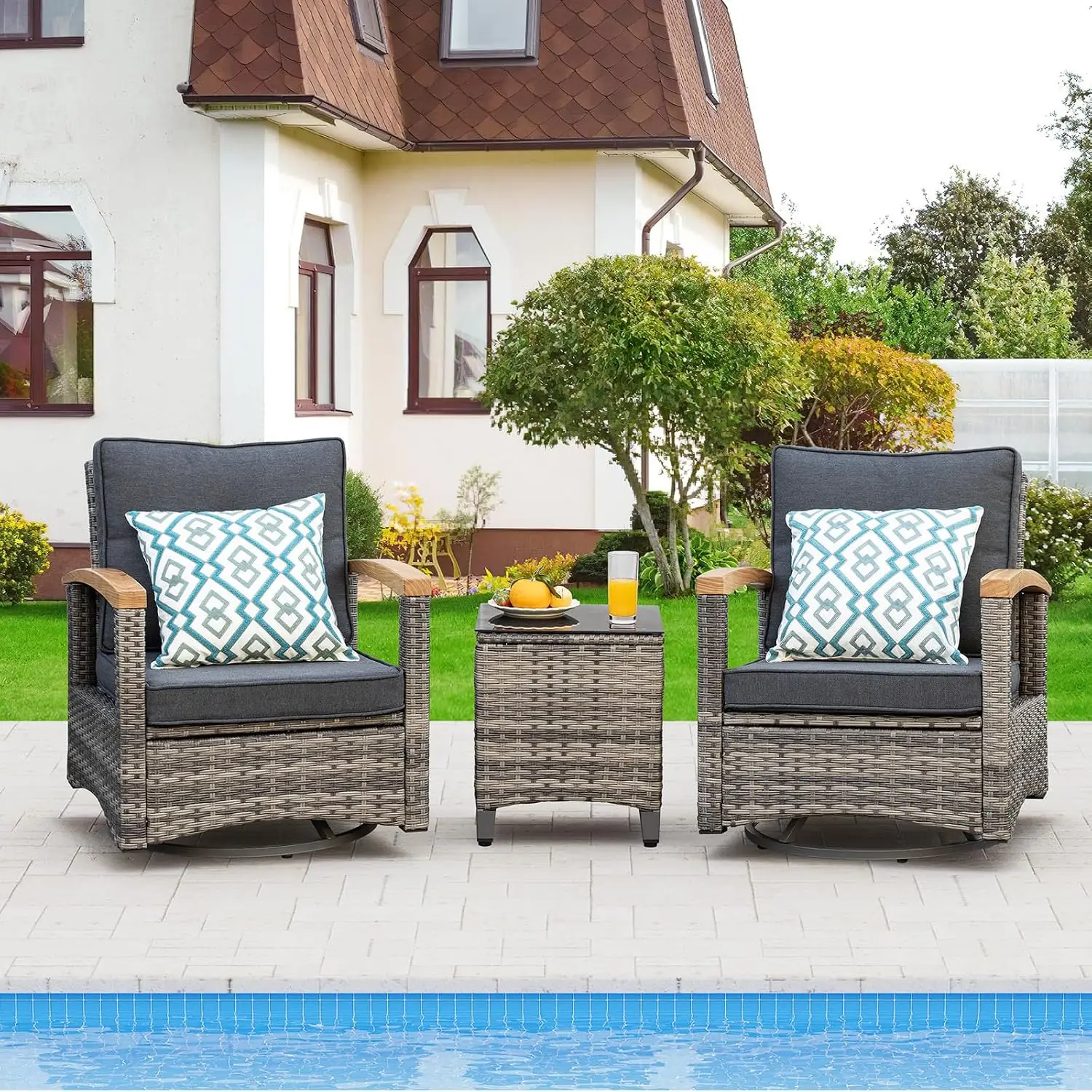 Outdoor Swivel Rocker Patio Bistro Set with 360° Wood Armrests Swivel Rocking Chairs & Side Table for Porch  Customized