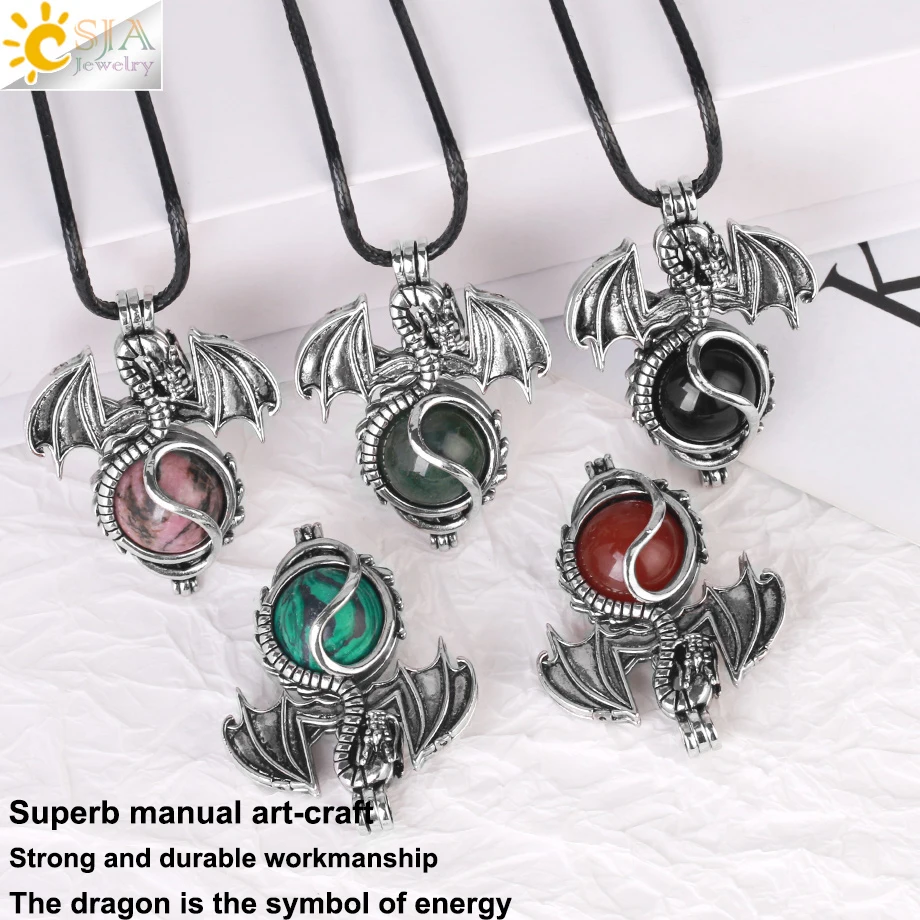 CSJA Vintage Dragon Necklace 16mm Natural Stone Crystal Pendant CSJA Vintage Dragon Necklace 16mm Natural Stone Crystal Pendant