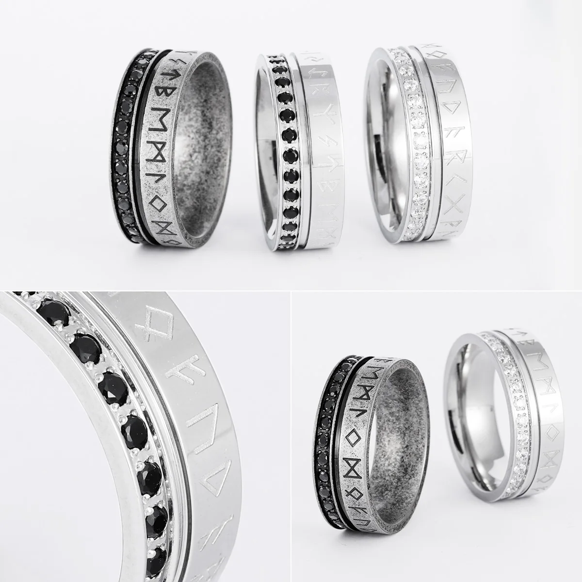 Vintage Viking Runes Rhinestone Stainless Steel Womens Mens Rings Punk For Boyfriend Biker Jewelry Creativity Gift Wholesale