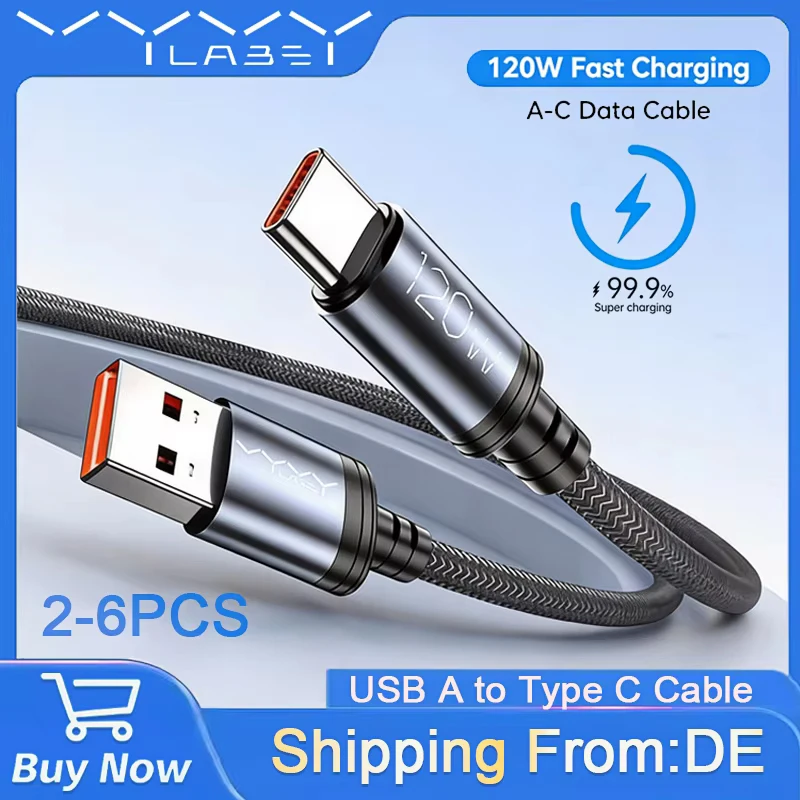 Vyvylabs 2/4/6 Stück 120W USB-A-auf-Typ-C-Kabel, schnelles Ladekabel für Handys, 120W USB-Typ-C-Datenkabel, Schnellladekabel, 1m 2m, für Huawei, Honor, Samsung, Xiaomi, Redmi