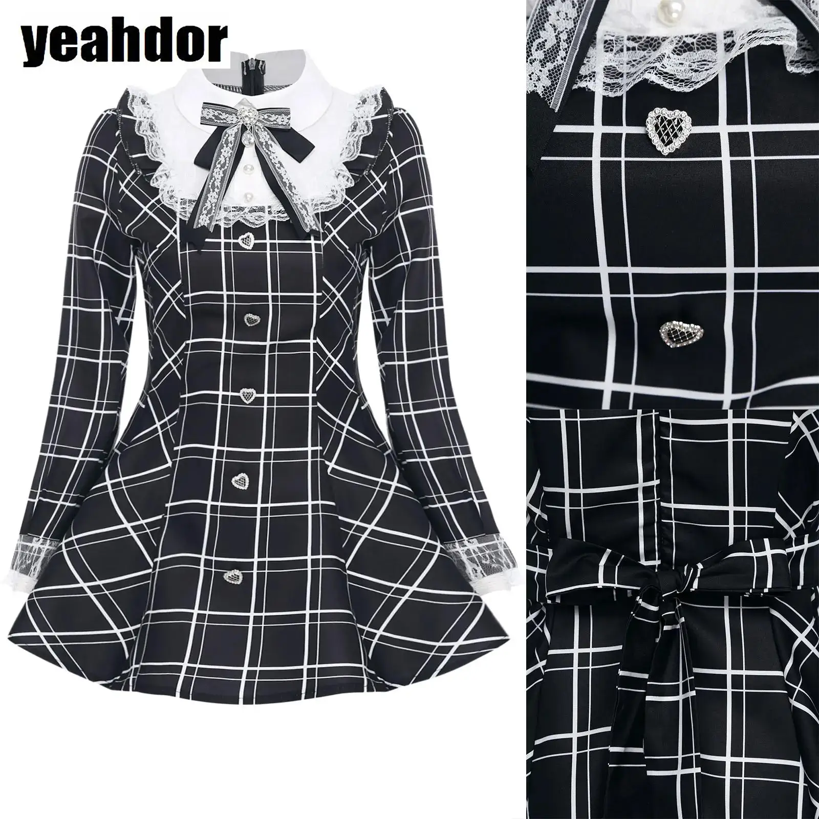 

Women Girls Lolita Dress Cosplay Japanese College-style A-line Dress Long Sleeve Ruffle Lace Plaid Dress And Detachable Bow Tie