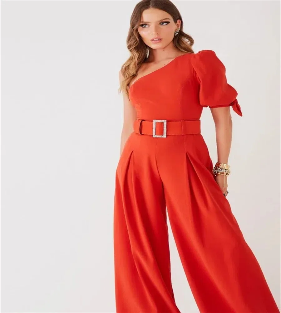

Women Elegant Jumpsuit Spaghetti Straps One Shoulder Sleeves Solid Embroidered Lace Open Back Wide Leg Jumpsuit Long Jumpsuit