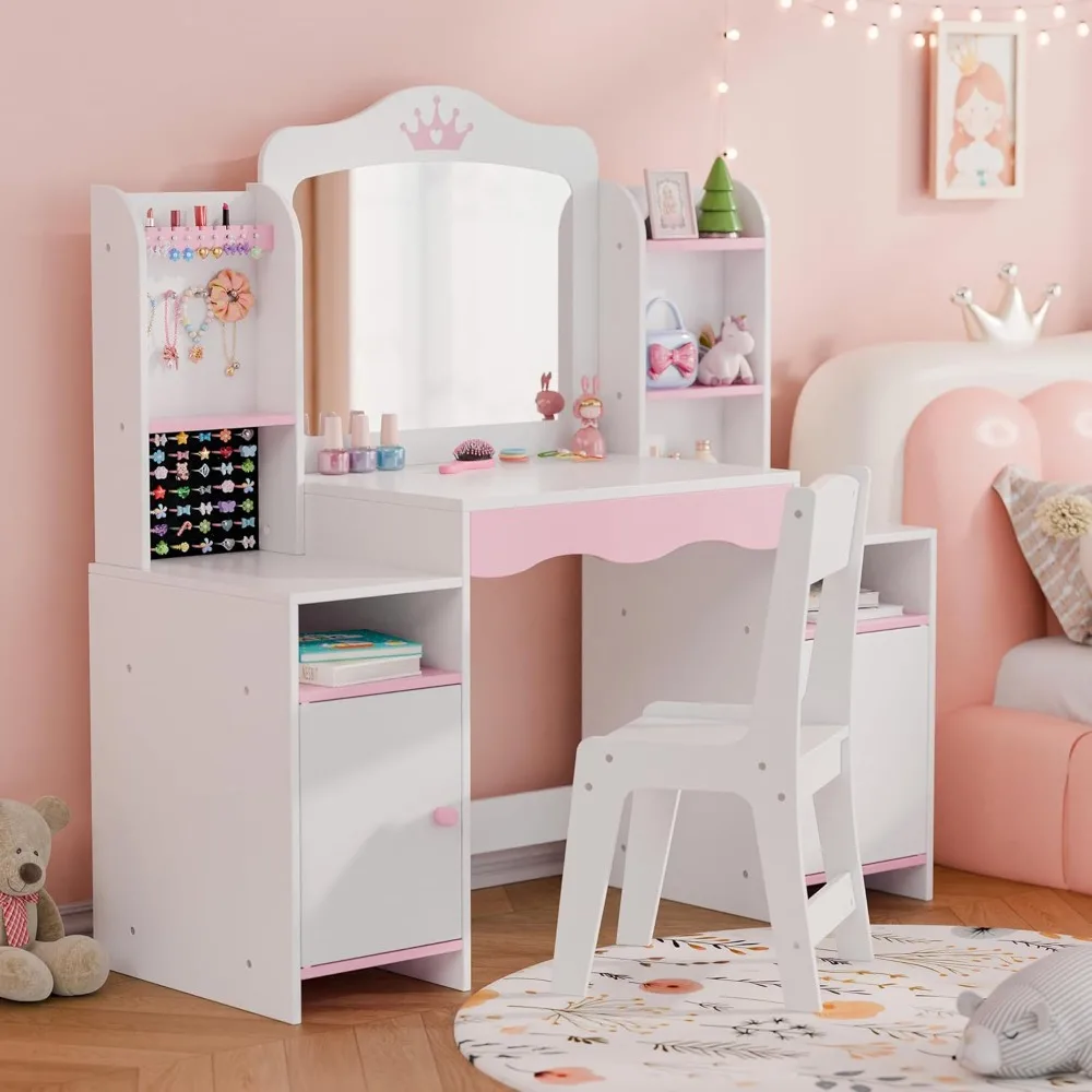 화장대, 거울과 스툴이 포함된 소녀용 화장대 세트, 보석 보관함이 있는 2 in 1 유아용 화장대, 나무 공주 화장대