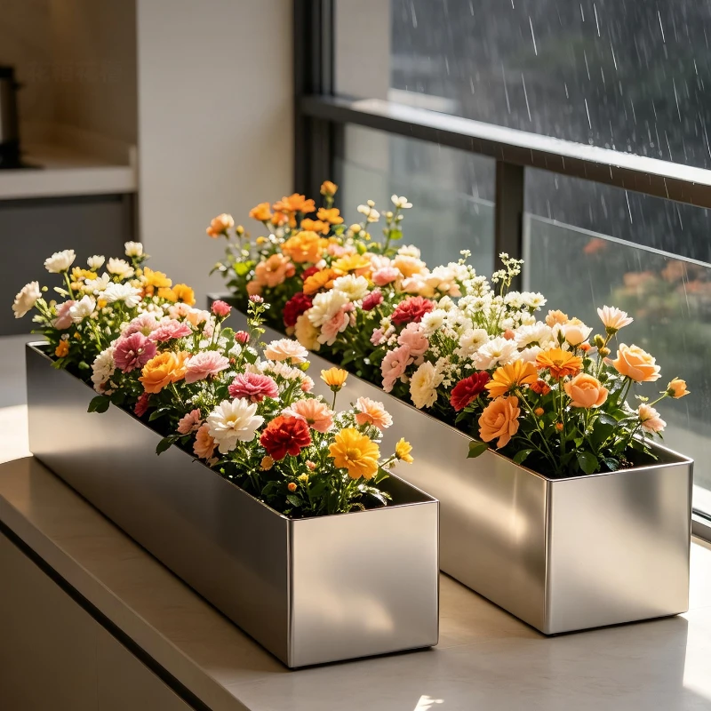 Rectangular Stainless Steel Planter Box Succulent Flower Pot Tray Balcony Long Planting Trough Outdoor Garden Raised Container