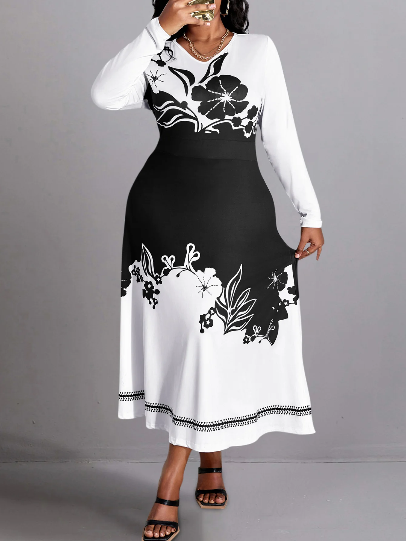 LW Plus Size Elegant Floral Print A Line Dress  Tribal Long Sleeve V Neck Midi Dress Business Women\'s Black and White Vestidos