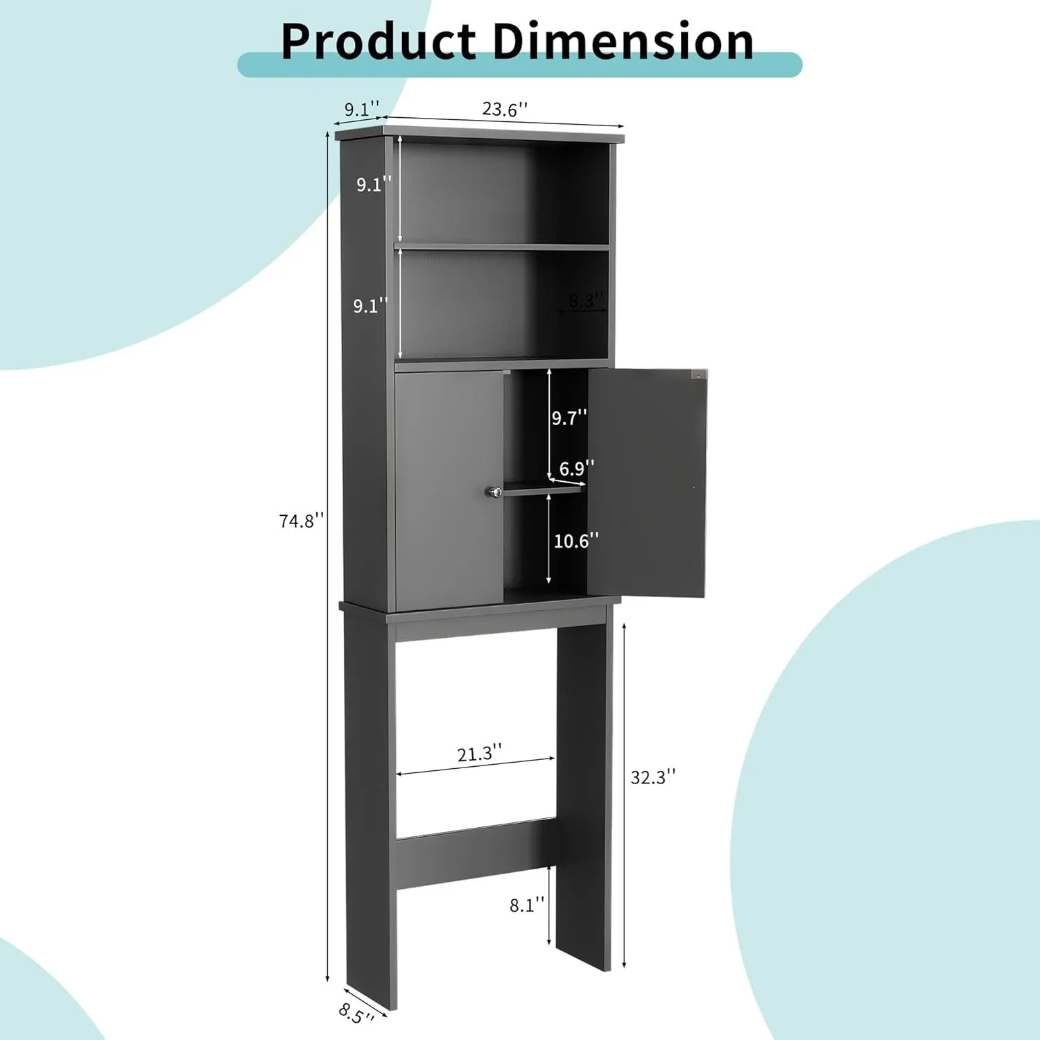 Over The Toilet Storage Cabinet, Adjustable Shelf Organizer w/ Open Bottom Bar & Anti-Tip Device, Gray 2 Open Shelves