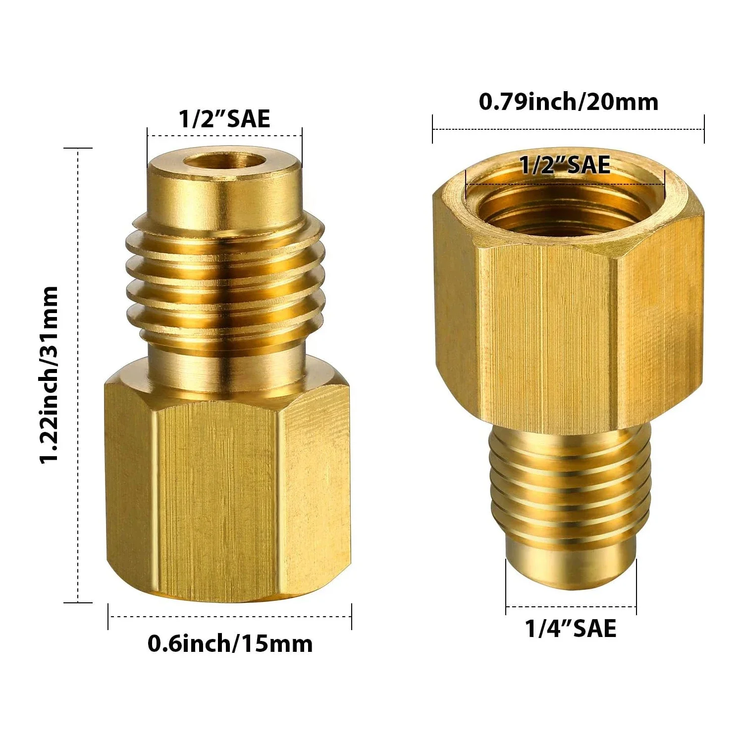 2Pcs/Set R134A Brass Refrigerant Tank Adapter to R12 Fitting Adapter 1/2 Female to 1/4 Male Flare Adaptor Valve Core and Vacuum