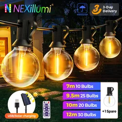 G40 Solar String Outdoor USB Patio LED Lights, 8 modalità di illuminazione, lampadine infrangibili, terrazza giardino Pub decorazioni per feste di natale