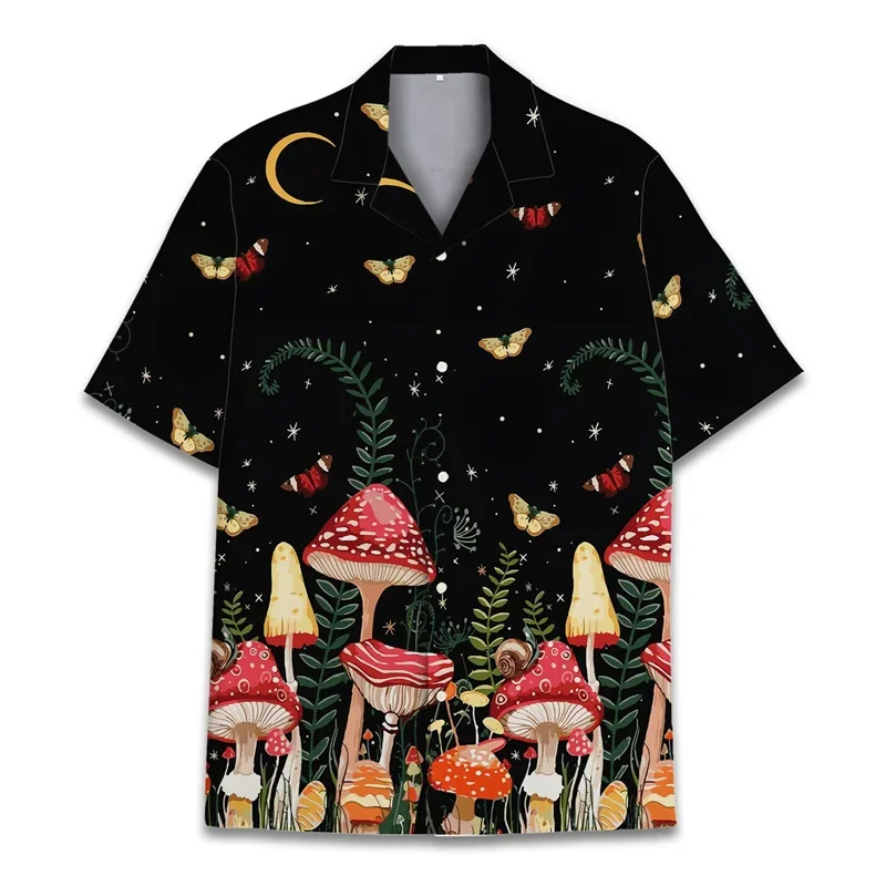 Camicia hawaiana con stampa 3D di funghi colorati per uomo Vacanze estive Piante Camicie da spiaggia Camicia Aloha da strada a maniche corte con bottoni