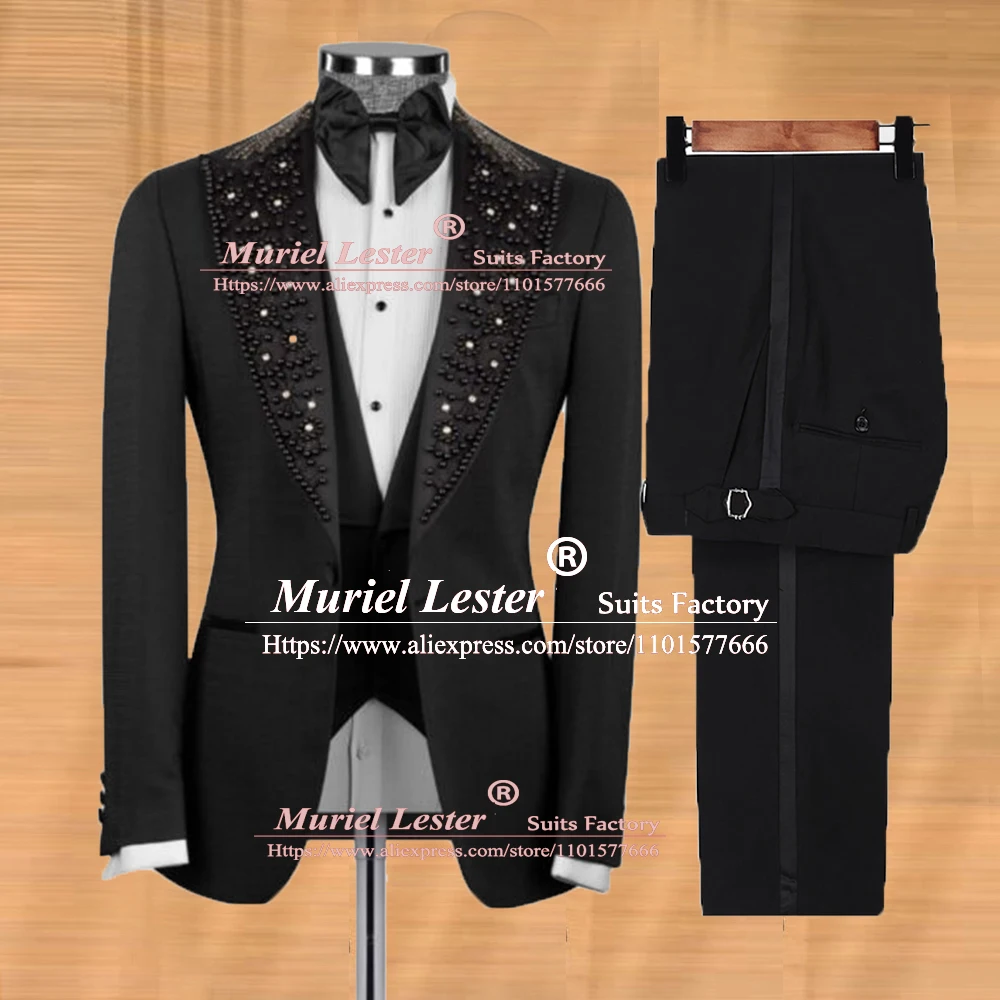 

Black Wedding Suits For Men Formal Banquet Party Hand Sewn Beaded Blazer Vest Pants 3 Pieces Groom Man Tuxedo Tailore Made Dress