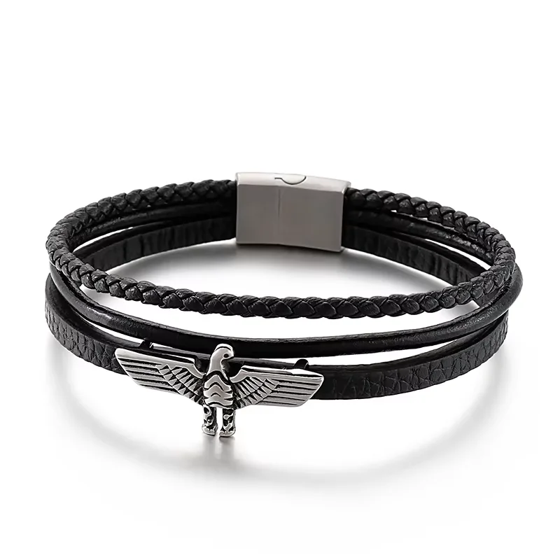 Fongten Multi Layer Cowhide Leather Mens' Bracelet Stainless Steel Eagle Animal Punk Male Bangle Jewelry