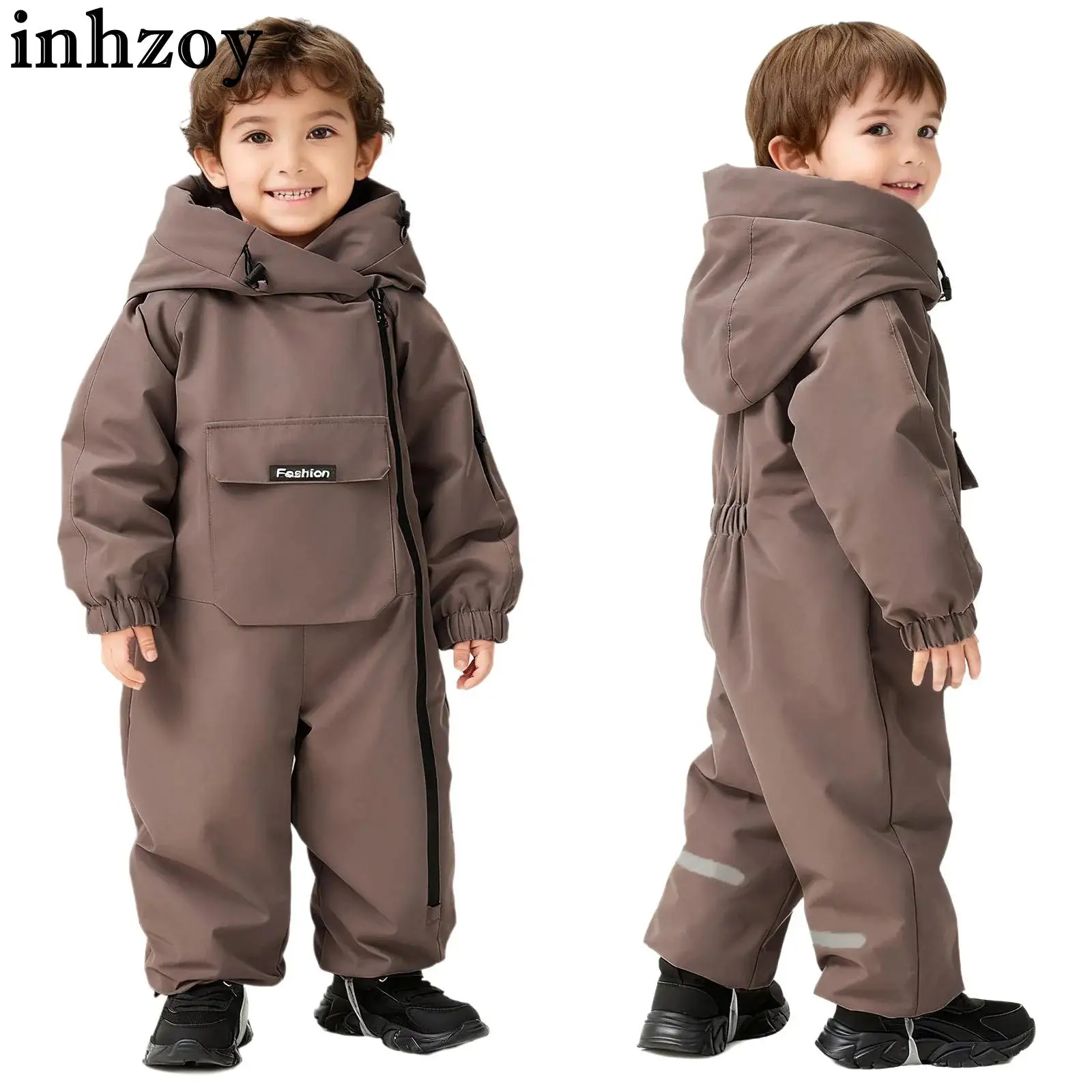 

Toddler Baby Long Sleeve Zipper Winter Warm Snowsuit Thick Fleece-Lined Hooded Jumpsuit Windproof Waterproof Padded Ski Romper