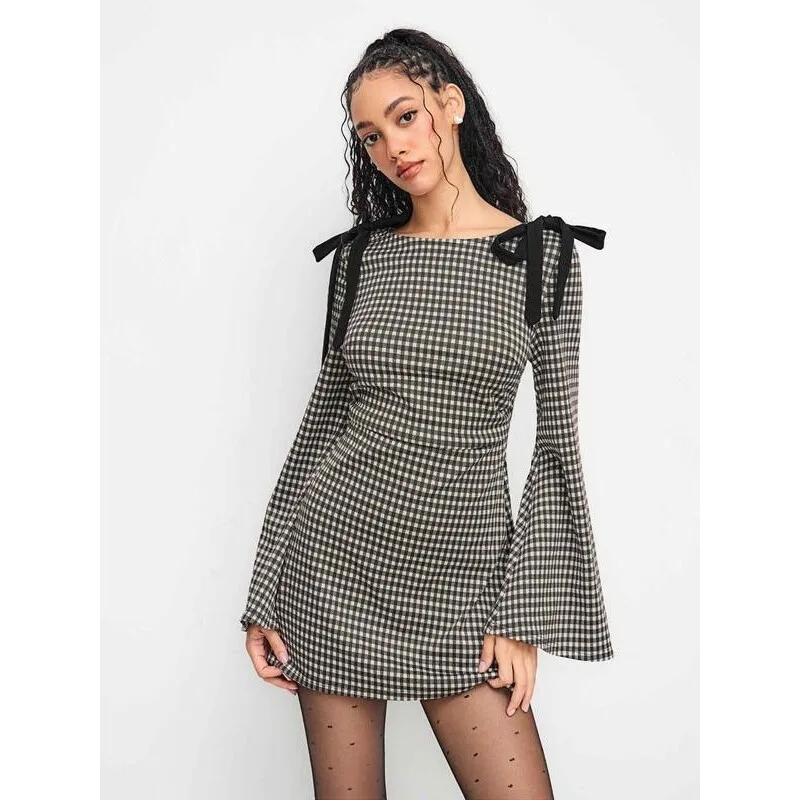 

T 71146 Long Dress with Bowknot And Plaid Design Straight Cut Midi Dress for plus Size Women Winter City Walk Fashion
