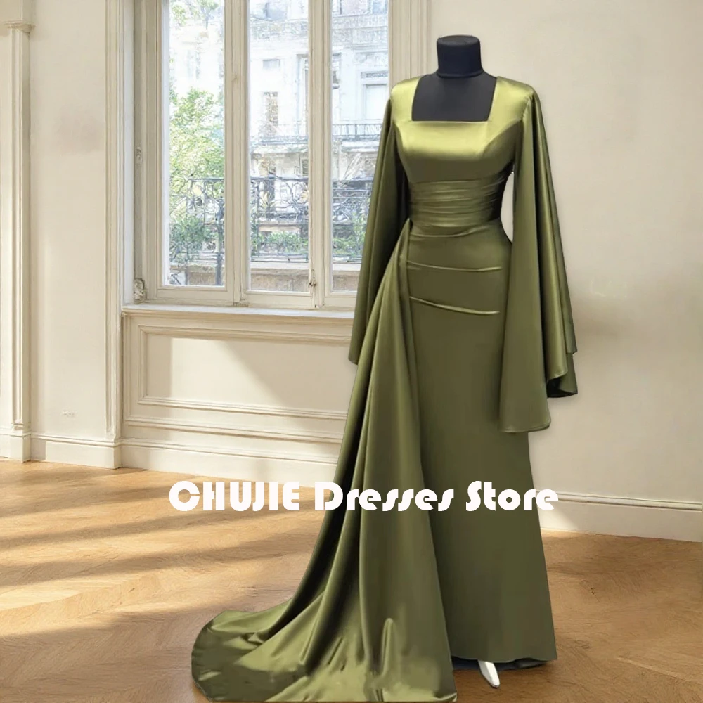 

Sage Green Square Collar Long Sleeves robes de soirée Evening Dresses Simple Mermaid Pleat Floor Length Wedding Dress Customized