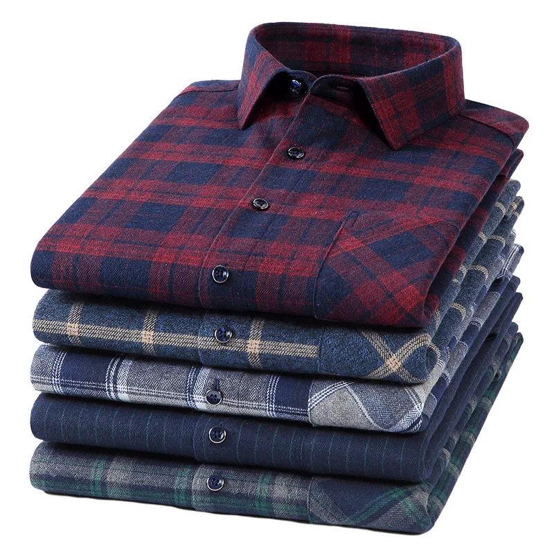 Japanese and Korean 100% Pure Cotton Plaid Pocket Shirt Flannel Shirt Retro Casual Brushed Plaid Fashionable Long Sleeved Shirt