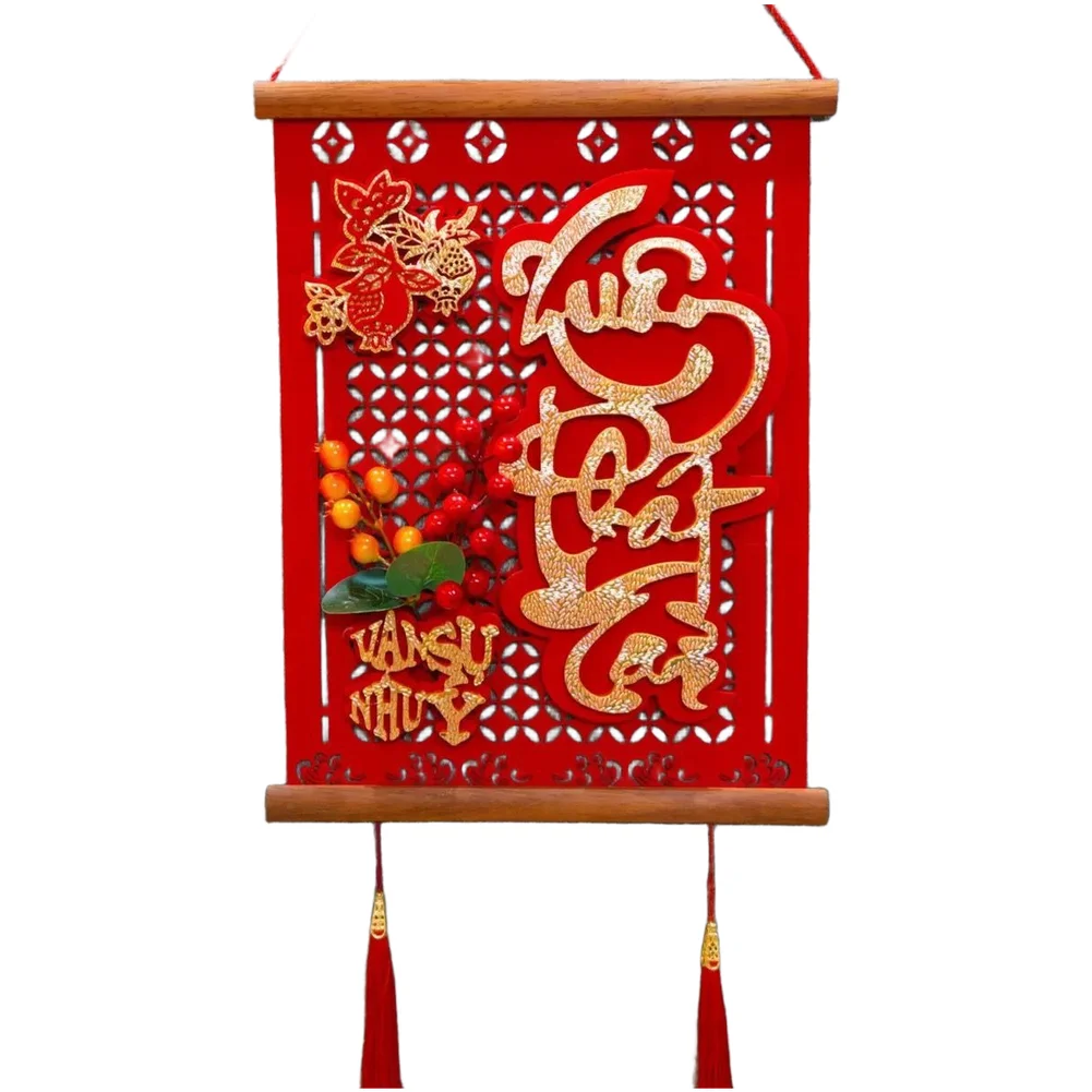 Handcrafted Vietnamese Solid Wood Couplets Red Color Spring Festival Decorations with Traditional Lunar New Year Theme