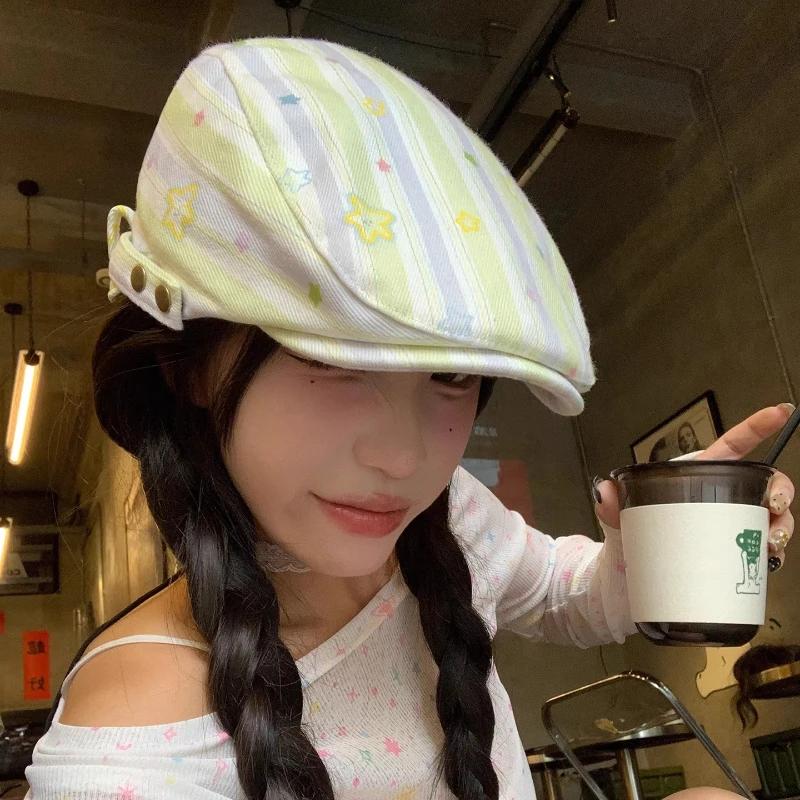 

Japanese Fresh Contrasting Colors Striped Stars Printed Berets Y2K Summer Autumn Travel Fashion Versatile Sweet Women's Hats