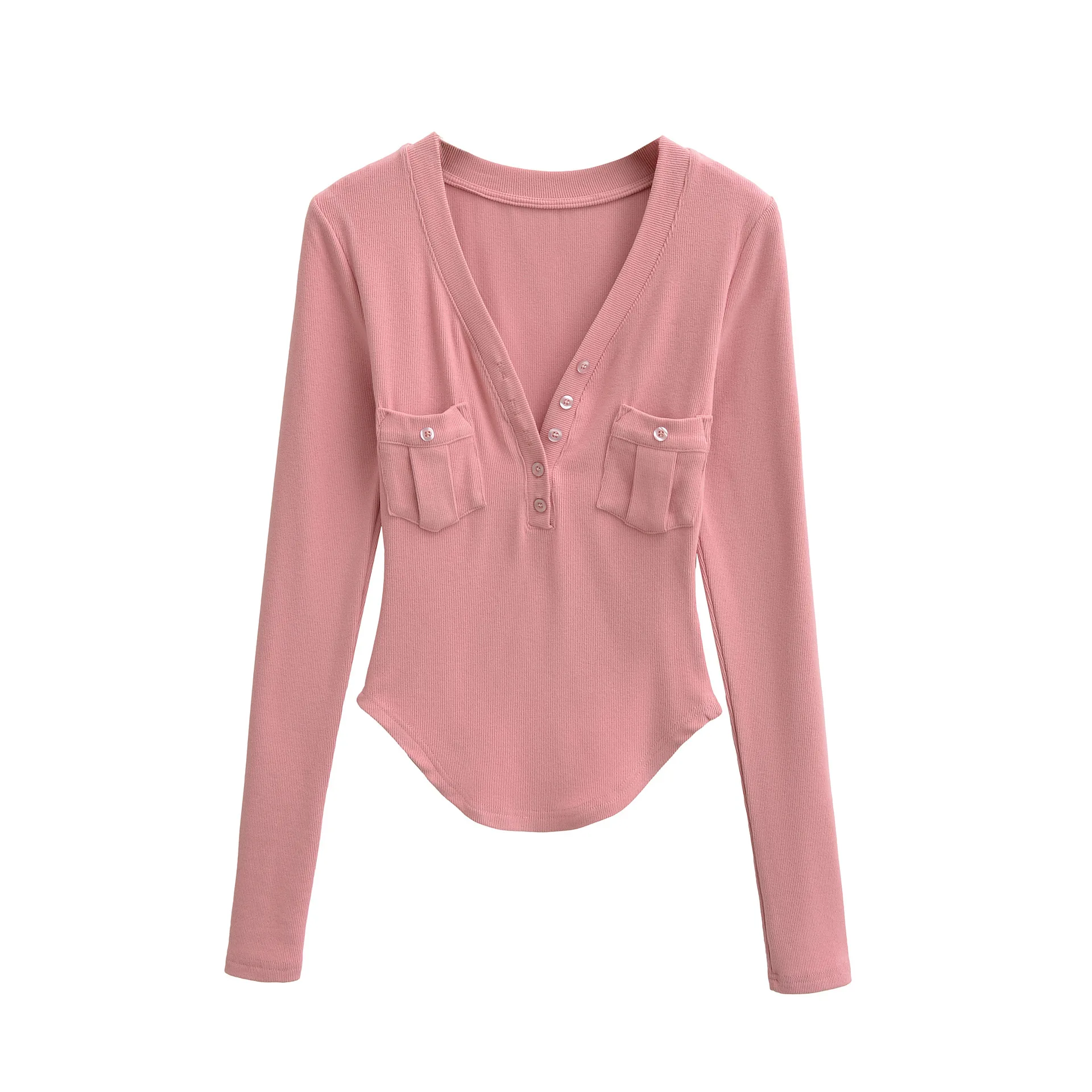 Charm Style Spicy Girl Sexy Double-Sided Brushed Thickened Long Sleeve T-Shirt 2026 Spring New Deep V-Neck Regular Shoulder ADEQ