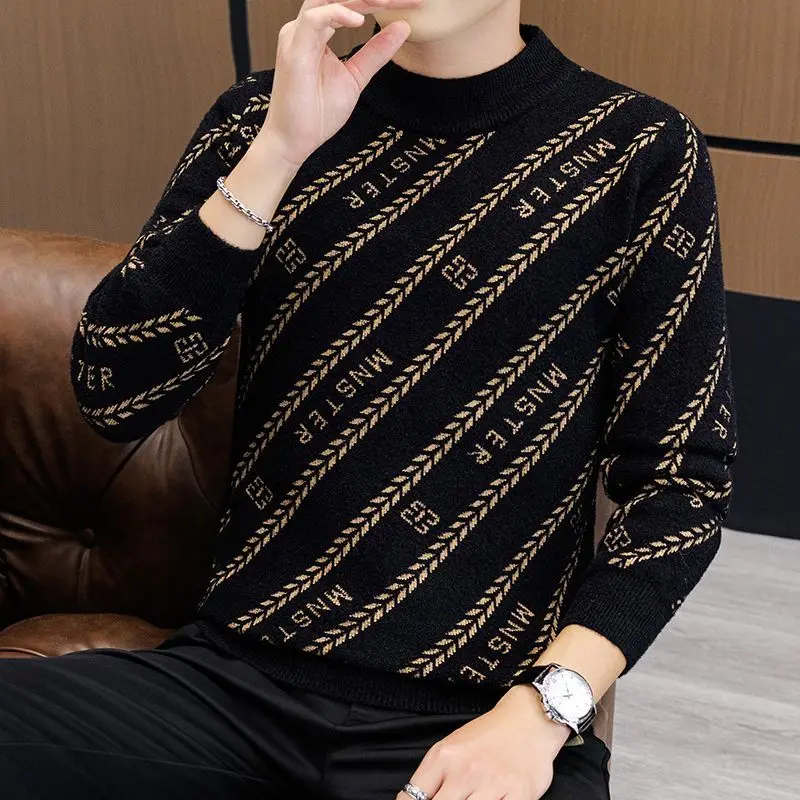 

High-End Autumn Winter Thiened Long Sve round Ne Knitted Sweater Casual Men's Base irt Ci Walk Polyester Fiber