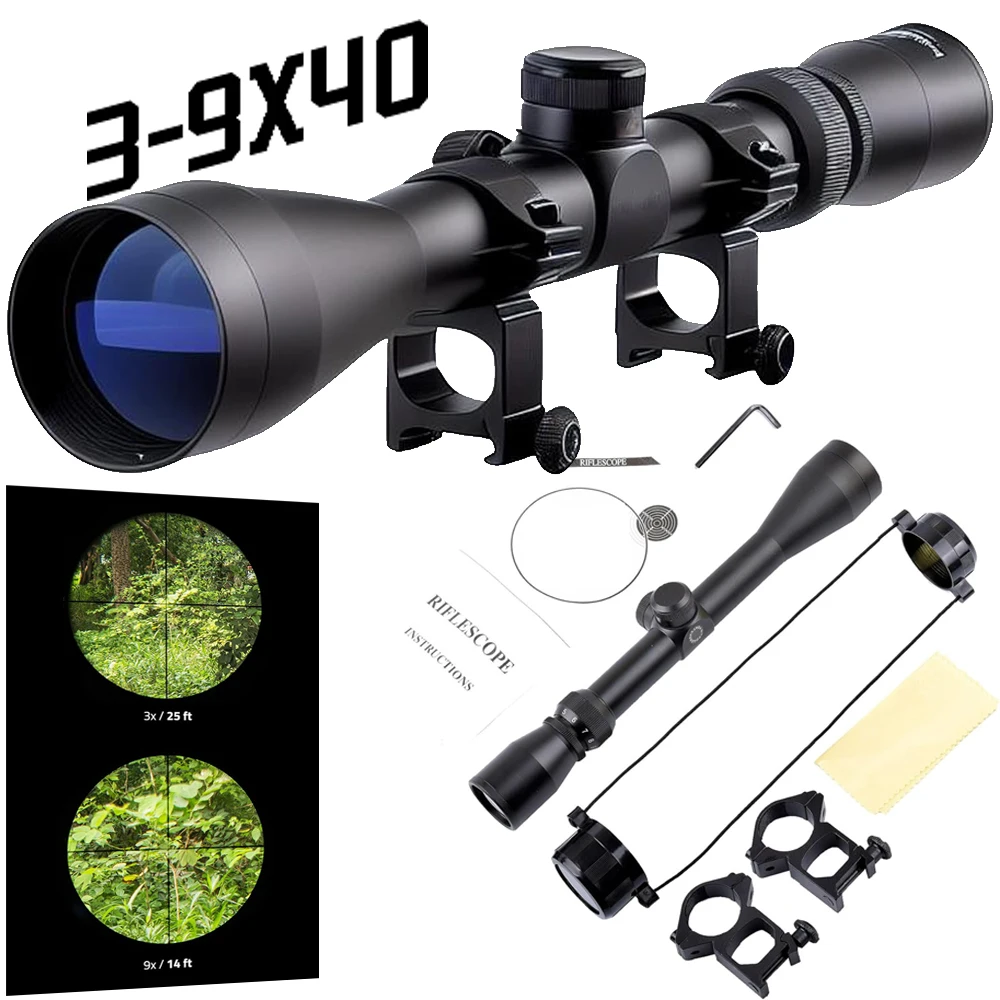 3-9x40 Rifle Scope Optics R4 Reticle Crosshair Tactical Hunting Sniper with Mounts