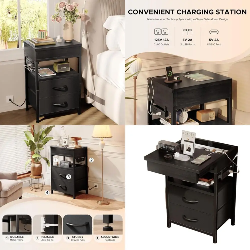 

Modern Charging Nightstand with Sliding Top and Fabric Drawers, Black, for Bedrooms and Dorms