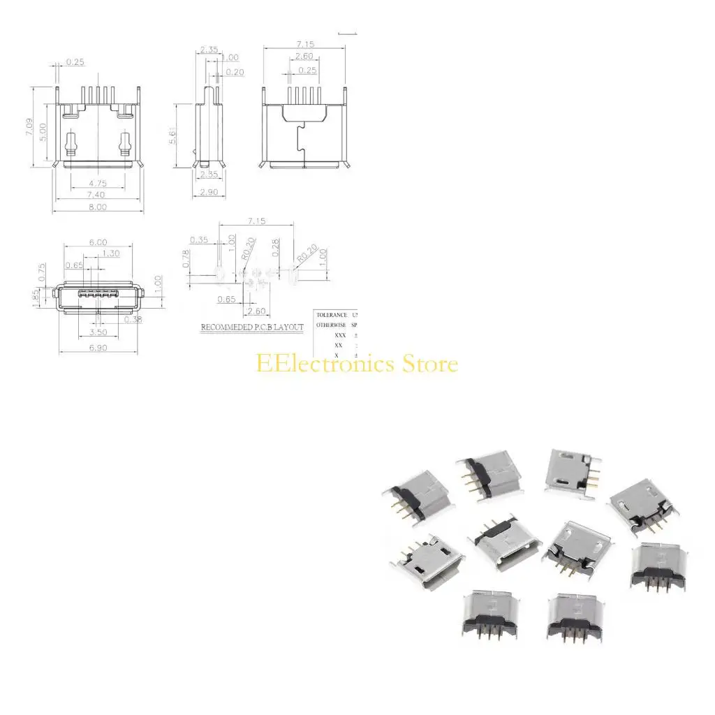 B03C 10 Pcs Micro USB Type B Female Socket 180 Degree 5-Pin SMD SMT Soldering Jack