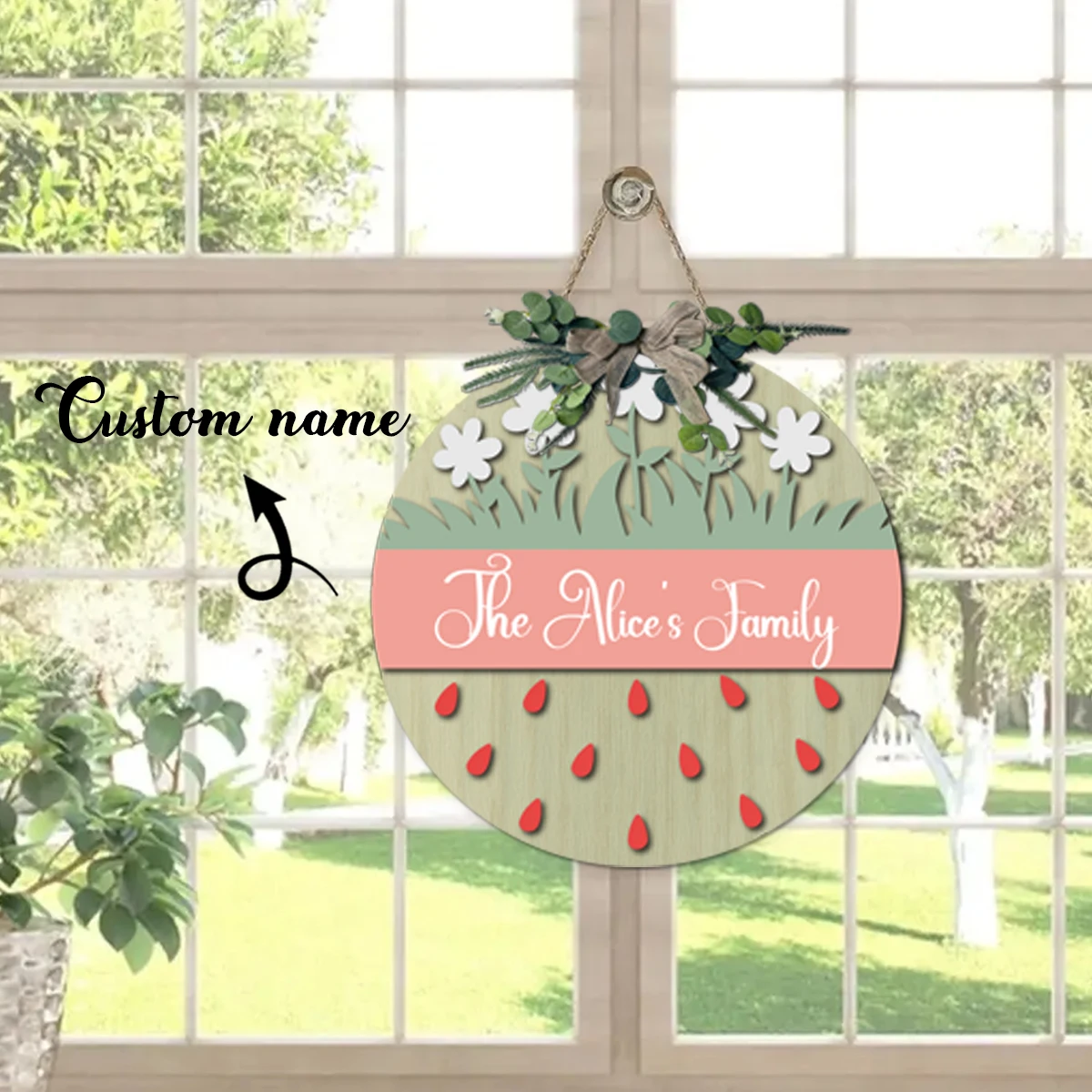 Custom Strawberry Family Name Wooden Door Sign, Personalized Round Hanging Plaque, Spring Farmhouse Front Porch Home Wall Decor