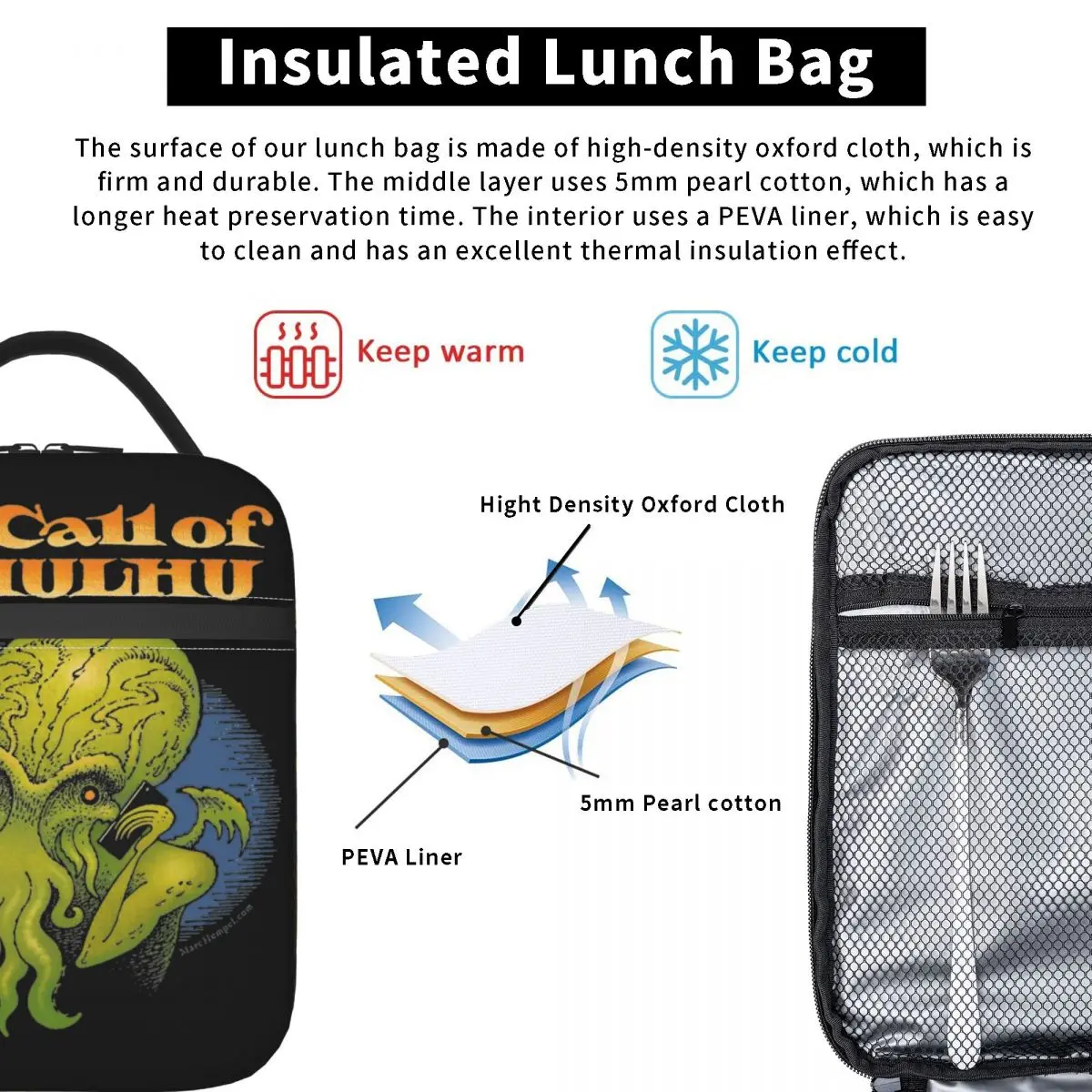 Insulated Lunch Bags Green Octopus The Call Of Cthulhu Merch Food Box Fashion Thermal Cooler Lunch Box For Office