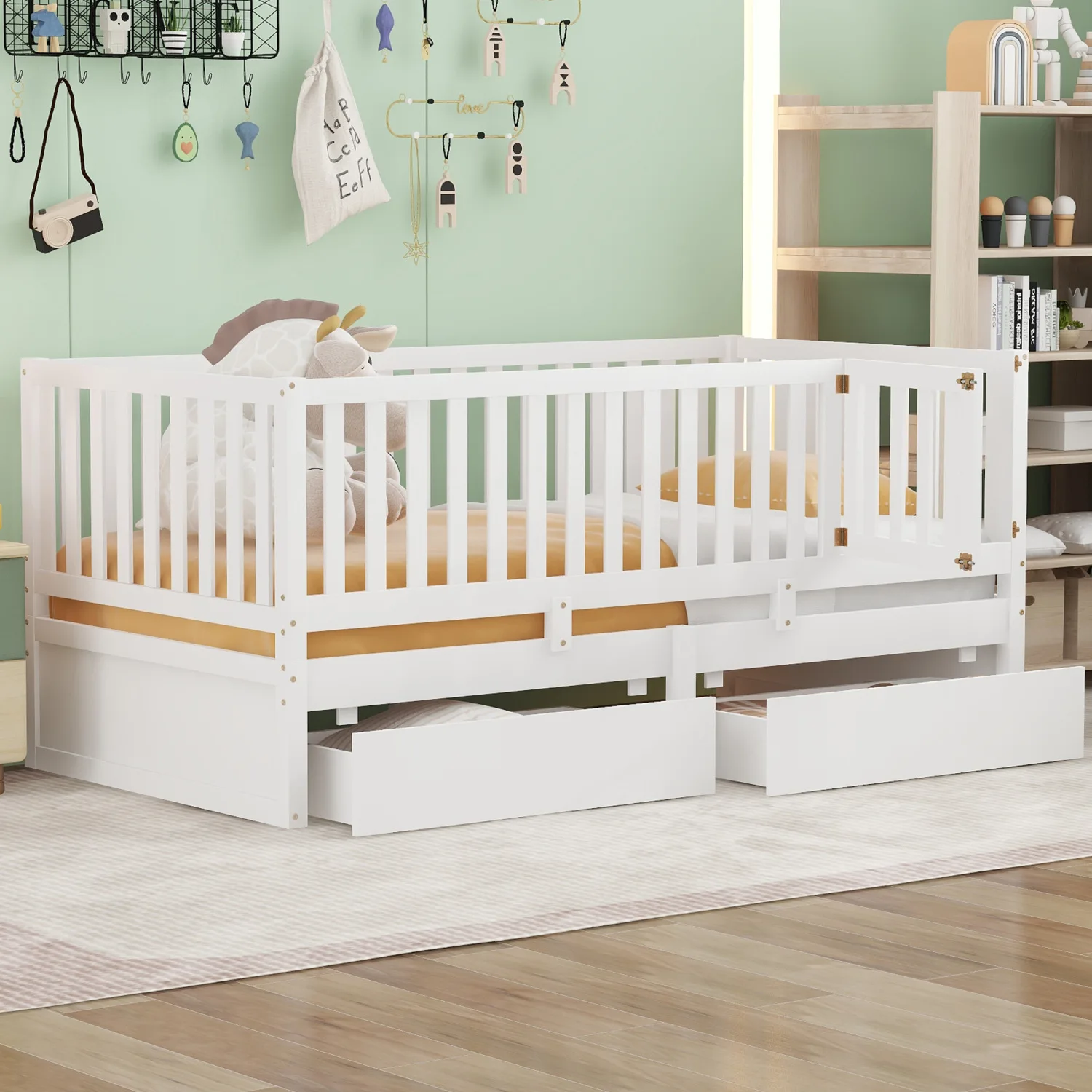 Twin Size Wood Daybed with Fence Guardrails and 2 Drawers, Split into Independent Floor Bed & Daybed, White(OLD SKU  LP000881AAK