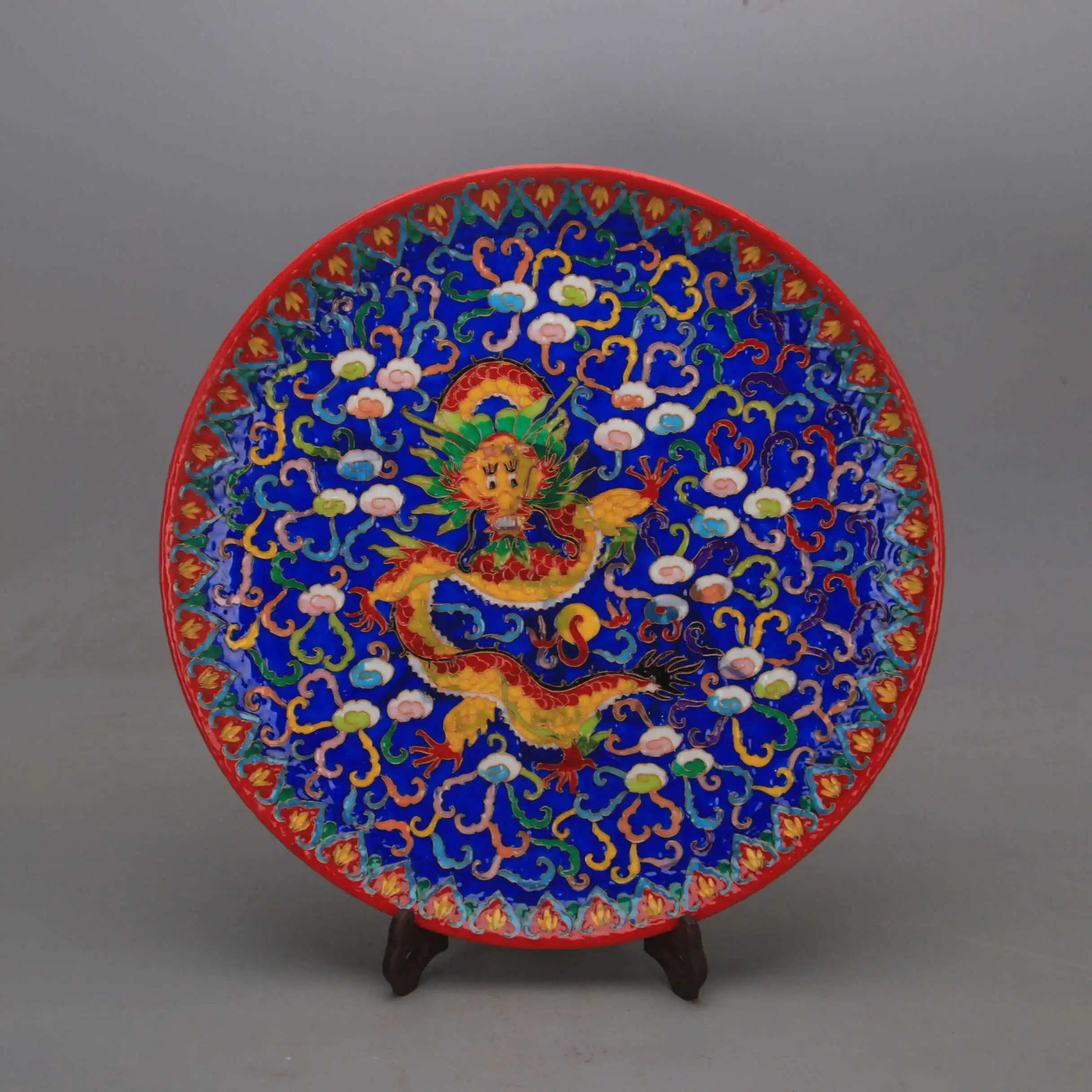 Cloisonne Style Enamel Blue Ground Dragon Pattern Interlocking Lotus Large Display Plate Qianlong Mark Home Decor Collectible