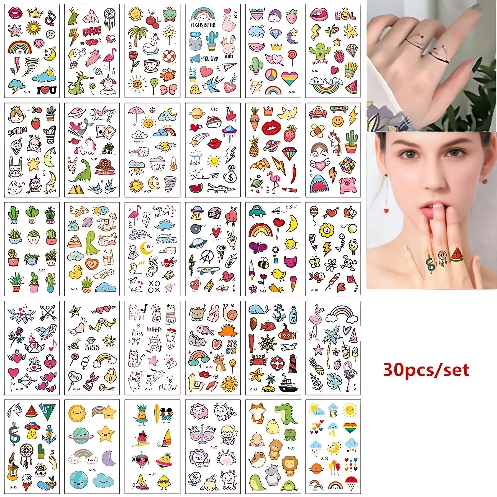 30pcs/lot Tiny Fake Tattoo Sticker Painting Wrist Finger Universe Cactus Crocodile Skateboard Sun Cute Transfer Tattoo for Child