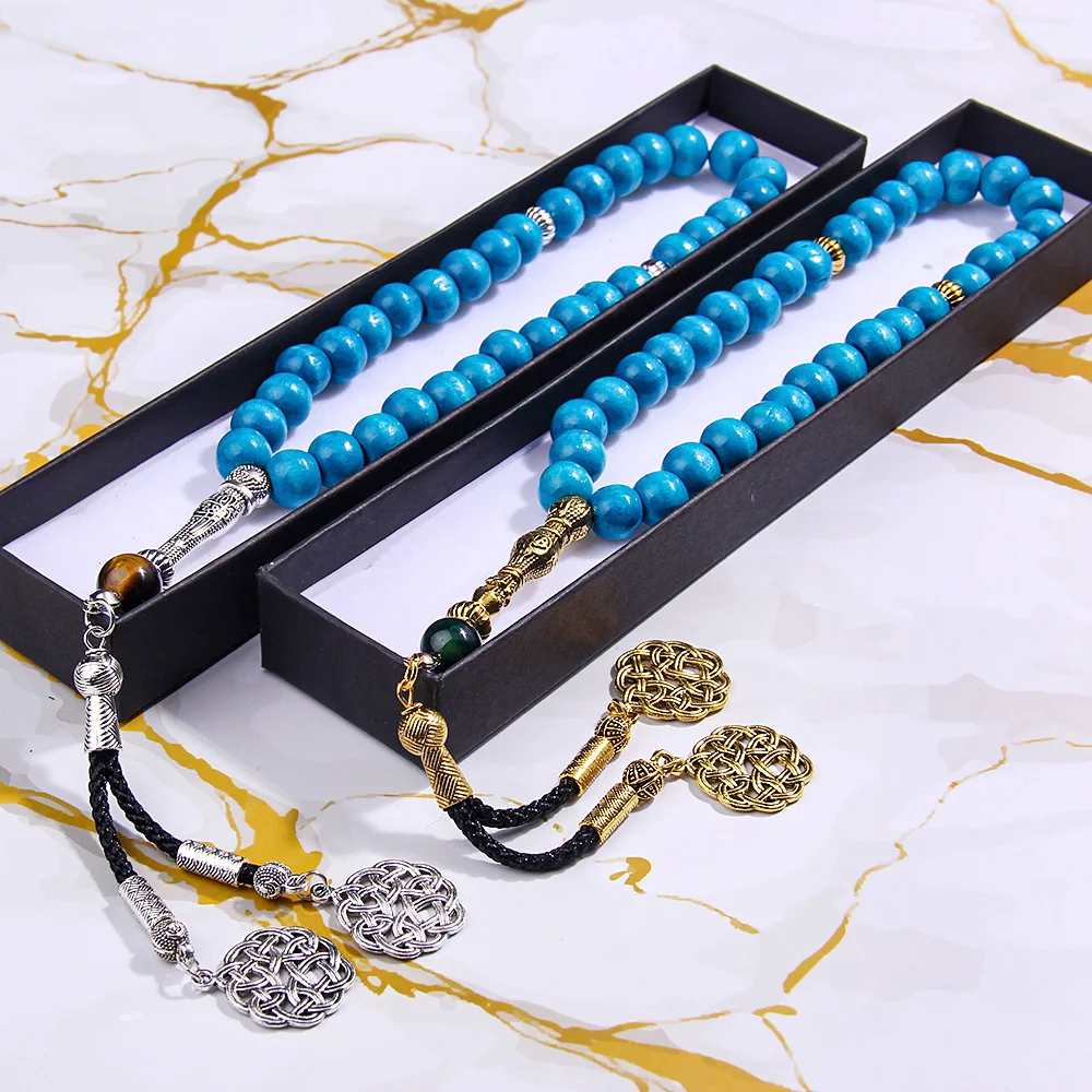 8x10mm Blue Wooden Muslim Rosary Beads Bracelet Classic Handmade Peace Knot Pendant Bracelet Ramadhan Festival Gift