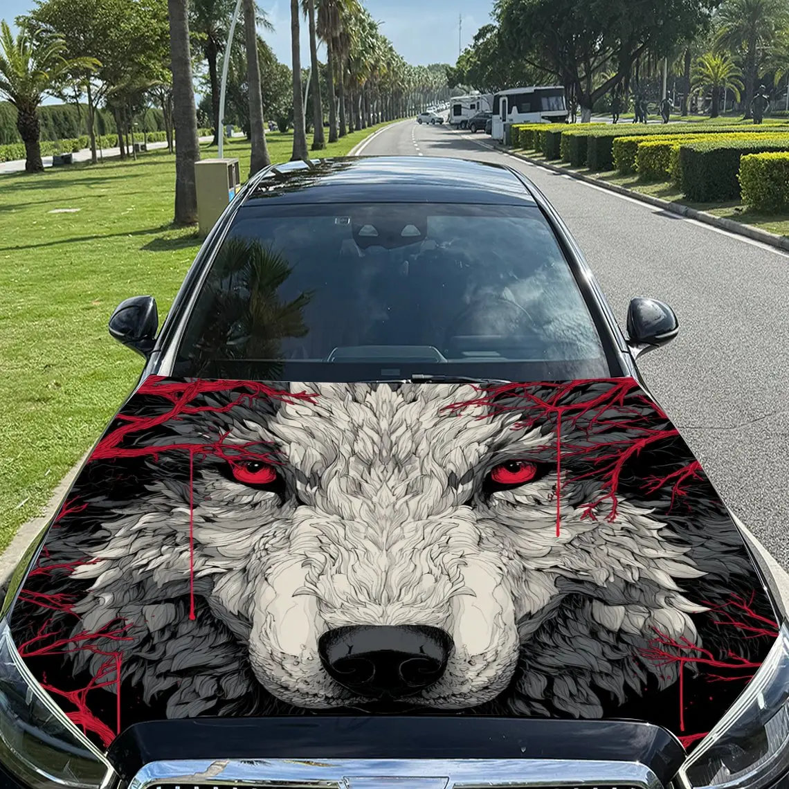 Gothic Wolf with Red Eyes Car Hood Wrap Color Vinyl Sticker Truck Graphic Bonnet Auto Accessories Decoration Protect Decal Gift