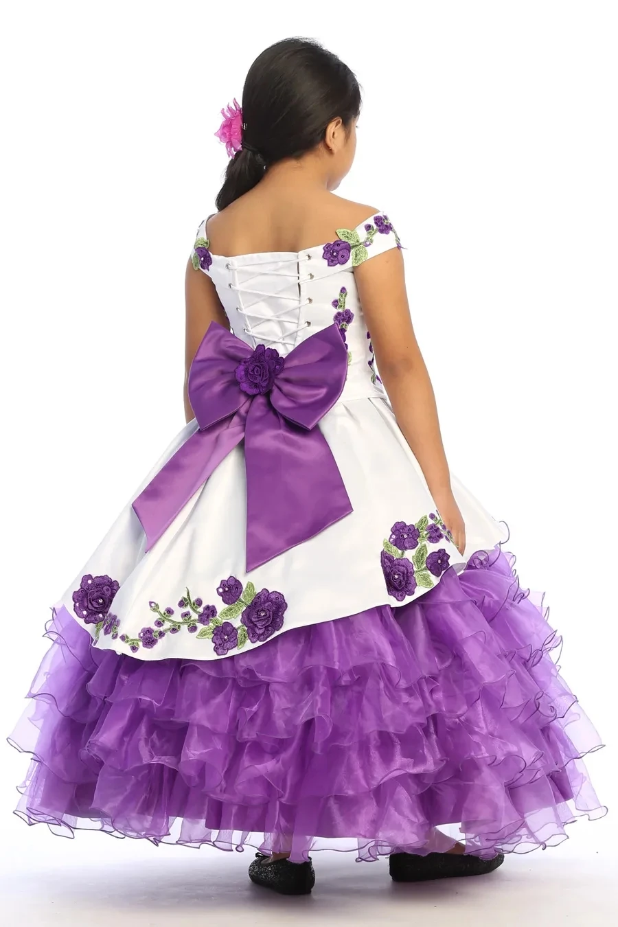 Mini vestidos de quinceañera púrpura, vestido de baile con cuello en V, apliques de Organza, vestidos de niña de flores para bodas, vestidos de desfile mexicano, vestidos de bebé