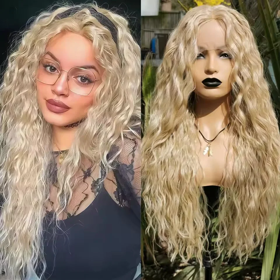 

Светло-русый длинный свободный глубокий вьющийся парик фронта шнурка для женщин Синтетическая волна воды Медовый блондин Глубокие волосы Ежедневные парики для косплея