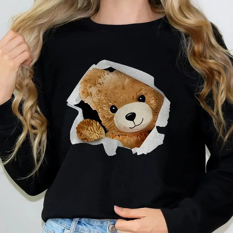 Aesthetic Sweatshirt Long Sleeves Stylish Pullover Y2K Graphic Hoodies Crew Neck Unisex Casual Daily Wear Cute Little Plush Bear