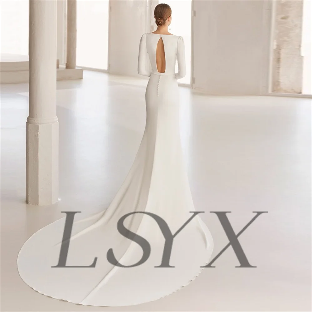 LSYX Customized Simple Square Neck Long Sleeves Crepe Mermaid Wedding Dress Cut Out Back Floor Length Court Train Bridal Gown