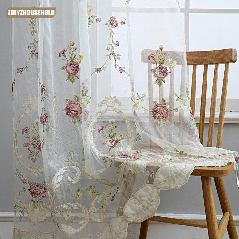 Embroidered Curtains for Living Dining Room Bedroom 1PC Rose Flower Tulle  Semi-Blackout Yarn Sheer Transparent Window Customize