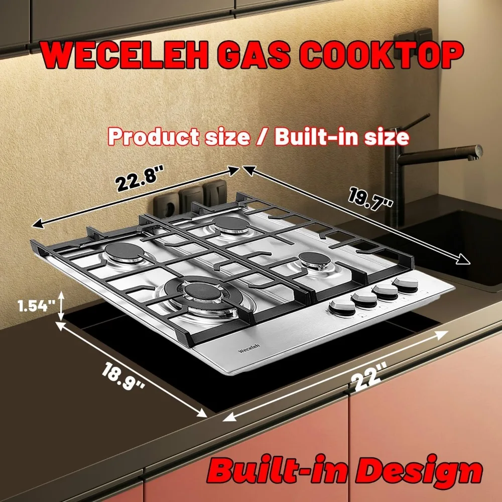 Table de cuisson à gaz 4 brûleurs, dessus de cuisinière à gaz intégré de 24 pouces, tables de cuisson au double carburant au propane, cabriolet NG/GPL, acier inoxydable haute puissance
