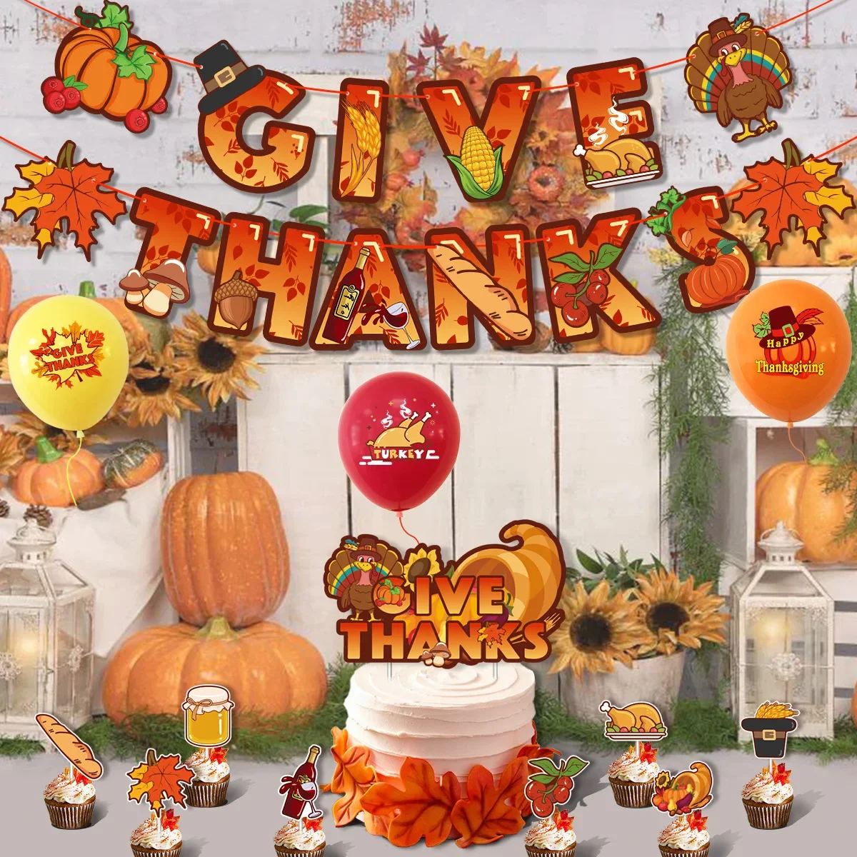 Thanksgiving Day Theme Party Decorations Pumpkin GIVE THANKS Banner Balloons Turkey Ceiling Decoration Party Supplies