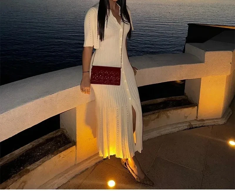 

Women's Popular Short-sleeved Button-down Slit Knit Dress, Fashionable Women's High-waisted Long Skirt