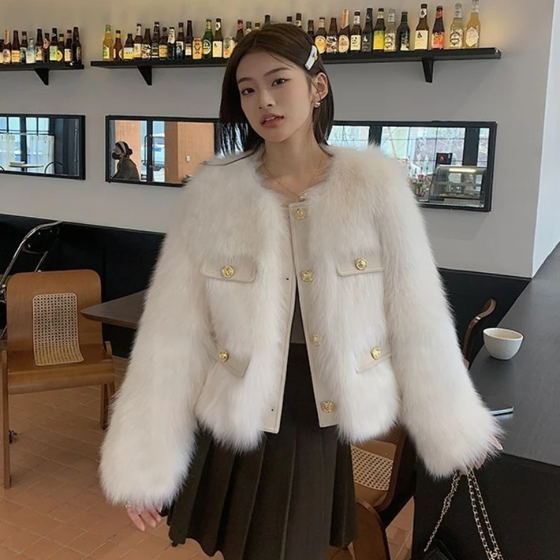 2022 Winter New Women Faux Fur Coat Temperament Socialite Round Neck Imitation Fox Fur Short Outwear Thicken Leisure Warm Jacket